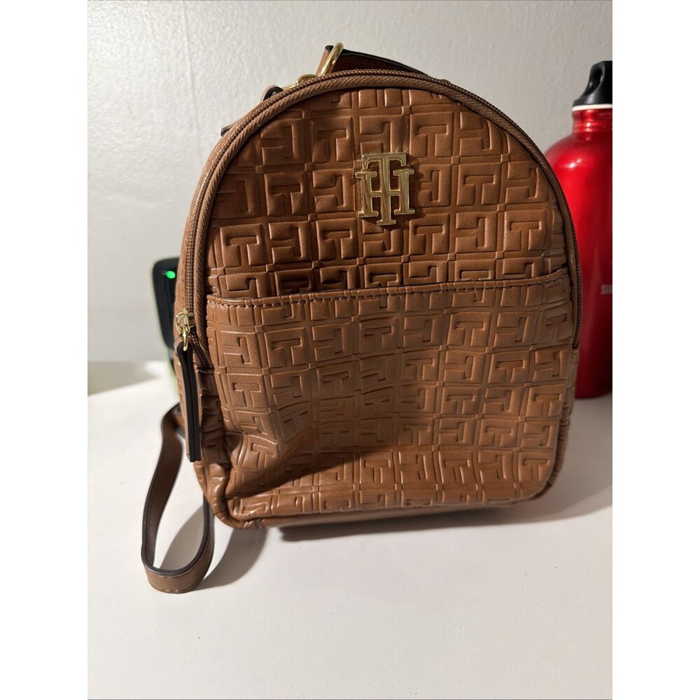 Tommy Hilfiger Mini Backpack Purse Brown Faux Leather Gold Logo Womens Small Bag